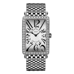 Franck Muller Long Island ladies' watch with a white dial, stainless steel case, and matching stainless steel bracelet.