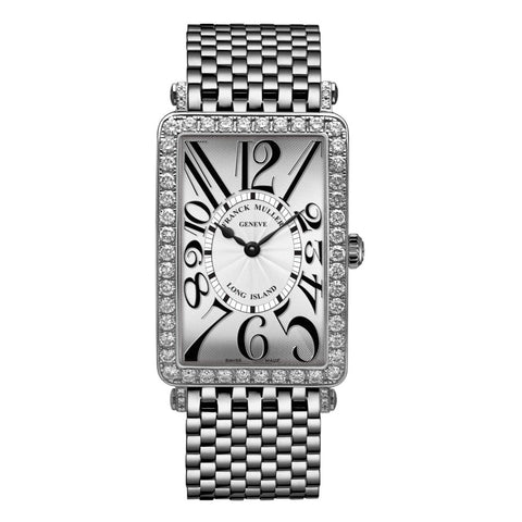 Franck Muller Long Island ladies' watch with a white dial, stainless steel case, and matching stainless steel bracelet.