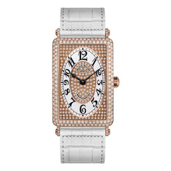 A luxury rectangular watch with a white crocodile-embossed strap, a rose gold case, and a diamond-encrusted dial and bezel. The white dial features black Arabic numerals and hands.