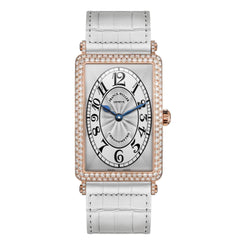 A Frank Miller wristwatch featuring a rectangular silver sunburst dial with black Arabic numerals and blue hands, surrounded by a rose gold case encrusted with small clear stones, and a white alligator leather strap.