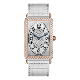 Franck Muller Long Island Chronometro ladies' watch with a white-grey sunburst dial, blue hands, diamond-set rose gold case, and white alligator leather strap.