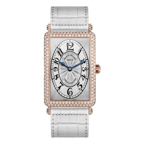 Franck Muller Long Island Chronometro ladies' watch with a white-grey sunburst dial, blue hands, diamond-set rose gold case, and white alligator leather strap.