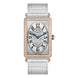 Franck Muller Long Island Chronometro ladies' watch with a white-grey sunburst dial, blue hands, diamond-set rose gold case, and white alligator leather strap.