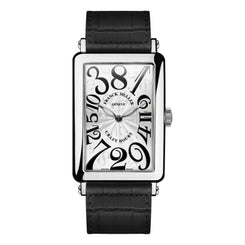 A Franck Muller Crazy Hours watch with a rectangular silver-tone case, a white dial featuring large black numerals, and a black leather strap.