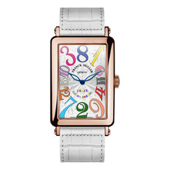 Franck Muller Crazy Colors watch with a rectangular rose gold case, white textured leather strap, and a colorful dial featuring large multicolored numbers.