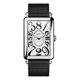 Franck Muller Long Island Crazy Hours watch with a rectangular stainless steel case, white dial with bold black numerals, and black leather strap.