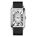Franck Muller Long Island Crazy Hours watch with a rectangular stainless steel case, white dial with bold black numerals, and black leather strap.