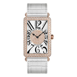 A luxury rectangular analog watch by Long Island, featuring a white crocodile-embossed leather strap, a white dial with black Arabic numerals, a diamond-encrusted rose gold bezel, and a diamond-encrusted center wheel.