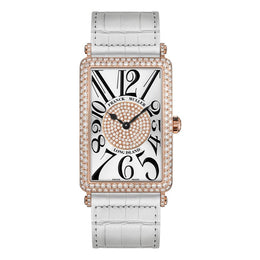 Franck Muller Long Island ladies' watch with a white dial, black Arabic numerals, diamond-set rose gold bezel, and white alligator leather strap.