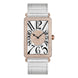 Franck Muller Long Island ladies' watch with a white dial, black Arabic numerals, diamond-set rose gold bezel, and white alligator leather strap.
