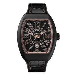 Franck Muller Vanguard watch with a titanium case, black dial with small seconds display, and black alligator leather strap.