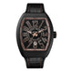 Franck Muller Vanguard watch with a titanium case, black dial with small seconds display, and black alligator leather strap.