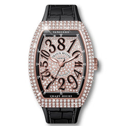 A Vanguard x Franck Muller Crazy Hours watch featuring a rose gold-tone case, diamond-encrusted bezel, black dial with large Arabic numerals, and a black crocodile-embossed strap, shown on a white background.