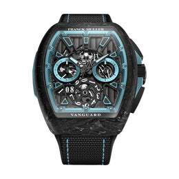 Franck Muller Vanguard Krypton Racing skeleton watch with a black carbon fibre case, luminova-infused dial, and black textured strap.