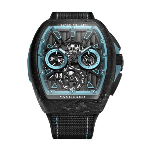 Franck Muller Vanguard Krypton Racing skeleton watch with a black carbon fibre case, luminova-infused dial, and black textured strap.