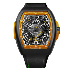 Franck Muller Vanguard watch with a black case, black leather strap with green stitching, and a bold orange and black dial.