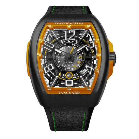 Franck Muller Vanguard Racing skeleton watch with a titanium case, black leather strap with green stitching, and a bold orange and black dial.