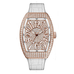 Franck Muller Vanguard ladies' watch with an 18k rose gold case, rose gold-tone dial, and brown alligator leather strap.