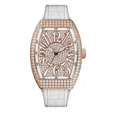 Franck Muller Vanguard ladies' watch with an 18k rose gold case, rose gold-tone dial, and brown alligator leather strap.