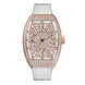 Franck Muller Vanguard ladies' watch with an 18k rose gold case, rose gold-tone dial, and brown alligator leather strap.