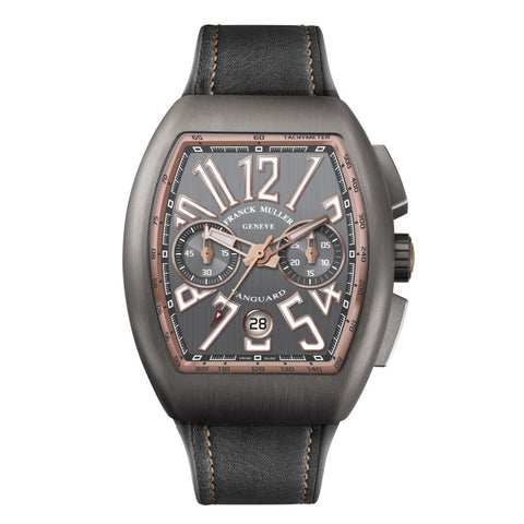 Franck Muller Vanguard Chronograph watch with a titanium case, black dial, and black alligator leather strap.