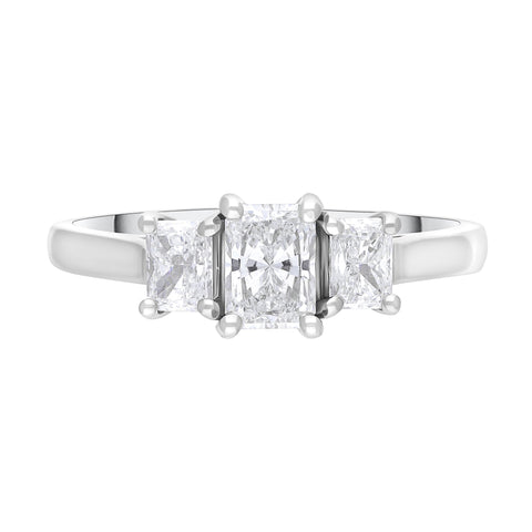Platinum ring featuring three diamonds: one 0.50-carat diamond and two 0.51-carat diamonds, all graded as GIA-certified with an EVS1 clarity rating. The ring is displayed in size N