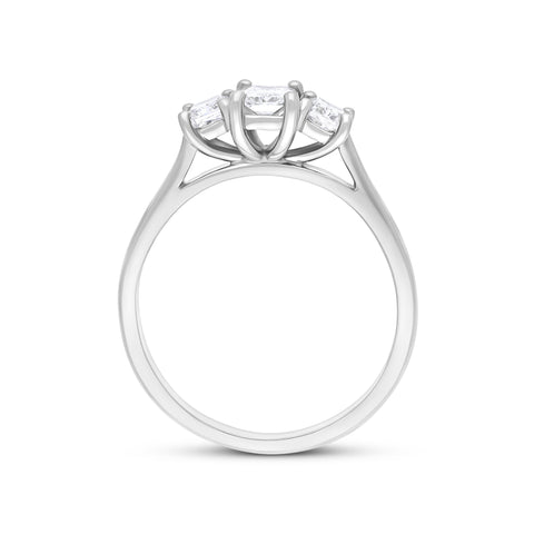 Platinum ring featuring three diamonds: one 0.50-carat diamond and two 0.51-carat diamonds, all graded as GIA-certified with an EVS1 clarity rating. The ring is displayed in size N