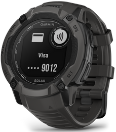 Garmin smartwatch displaying Visa card information on a white background