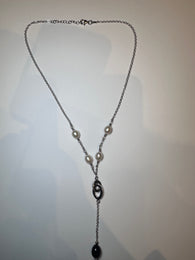 Sterling Silver White Pearl Oval Double Drop Necklace D