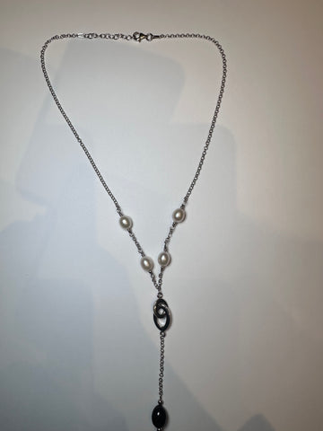 Sterling Silver White Pearl Oval Double Drop Necklace D