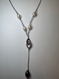 Sterling Silver White Pearl Oval Double Drop Necklace D
