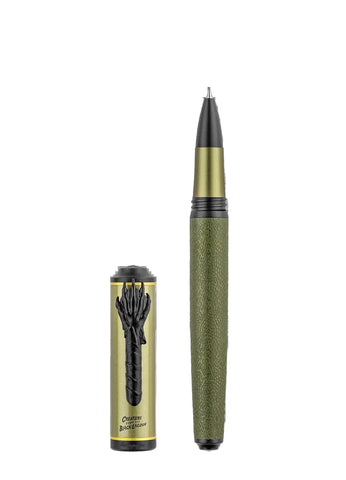 Green and gold pen with matching cap on a white background