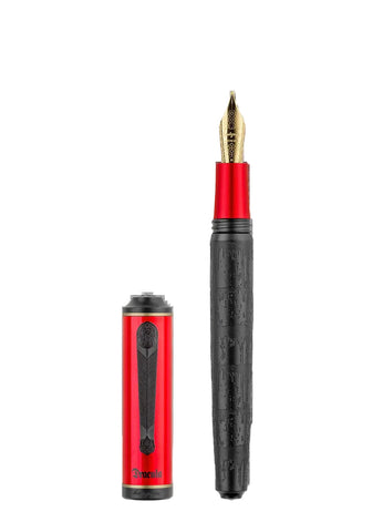 Fountain pen with red and black design on a white background