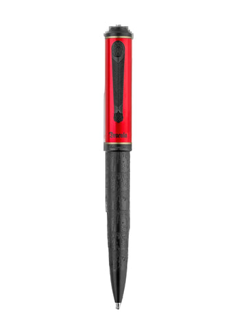 Pen with red and black design on a white background