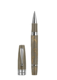 Brown pen with silver accents on a white background