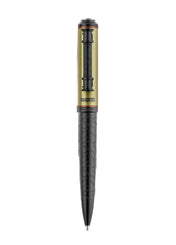 Pen with gold and black design on a white background