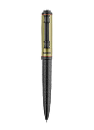 Pen with gold and black design on a white background