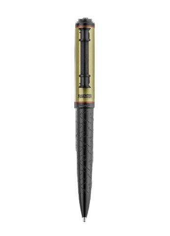 Pen with gold and black design on a white background