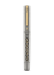A luxury fountain pen shown vertically against a solid white background. The pen features a silver-toned metal body with intricate cutout patterns and a gold-toned clip, trim, and barrel top.
