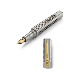 A silver-toned fountain pen with an intricate geometric cutout pattern on the barrel, shown with its cap removed and placed below. The pen features a gold-tone nib and a gold accent panel on the cap with the text 'James Bond' and '007'.
