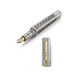 A silver-toned fountain pen with an intricate geometric cutout pattern on the barrel, shown with its cap removed and placed below. The pen features a gold-tone nib and a gold accent panel on the cap with the text 'James Bond' and '007'.