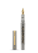 A silver and gold fountain pen with an intricate cutout pattern on the barrel, shown with its cap removed and standing beside it on a plain white background.