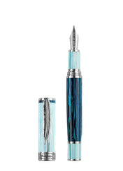 Fountain pen with blue and silver design on a white background