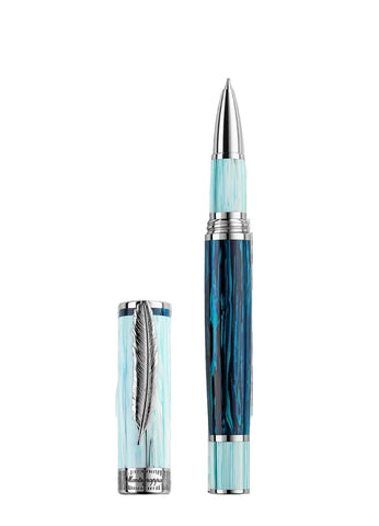 Luxury pen with blue and silver design on a white background