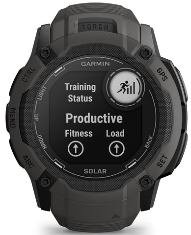 Garmin smartwatch with display showing 'Productive' and 'Fitness' on a white background