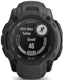 Garmin smartwatch with display showing 'VO2 Max Today Good 46'