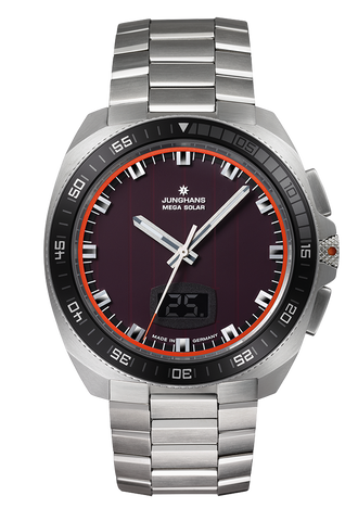 Junghans 1972 Mega Solar Bracelet with red dial, stainless steel case