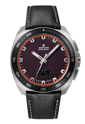 Junghans 1972 Mega Solar Leather with red dial, stainless steel case