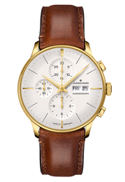 Junghans Meister Chronoscrope Leather Date English with white dial, stainless steel case