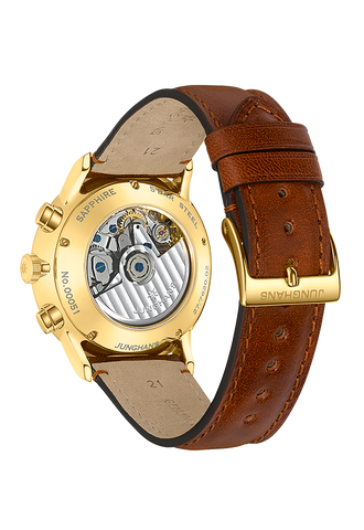 Junghans Meister Chronoscrope Leather Date English with white dial, stainless steel case